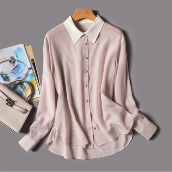 Весенне-летняя новая женская блузка из поплина, повседневная модная рубашка с отложным воротником и пуговицами, рубашка в полоску с длинным рукавом