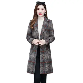 Весенне-осеннее шерстяное пальто, корейская версия, Модное женское шерстяное пальто в клетку для женщин среднего возраста, клетчатое пальто средней длины с длинными рукавами