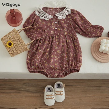 VISgogo/ Милый комбинезон с цветочным рисунком для маленьких девочек, кружевной кукольный воротник, треугольный комбинезон с длинными рукавами, весенне-осенняя одежда для младенцев