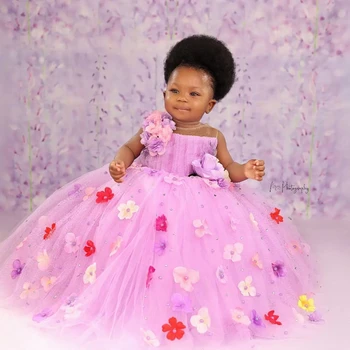 Милое розовое платье с оборками из тюля, Длинное платье с цветочным узором для девочек, красивые жемчужины, 3D цветы, детские праздничные платья на День Рождения Длиной до пола, праздничные платья