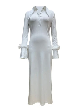 Женское Длинное Облегающее платье MALCIKLO с отложным воротником и отделкой из перьев, платье с длинным рукавом, Осеннее праздничное платье