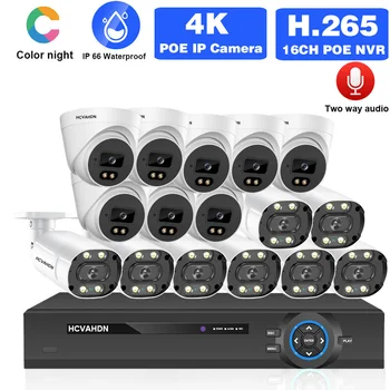 16CH 4K POE NVR Система Видеонаблюдения с Двухсторонним Аудио IP-камерой Комплект 8-Мегапиксельной Цветной Ночной Системы Видеонаблюдения H.265 8CH