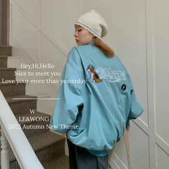 Куртка Женская 2023 Осень, Новая Корейская Свободная верхняя одежда с V-образным вырезом и длинными рукавами, Женская одежда в стиле Харадзюку с мультяшным принтом, Уличная одежда