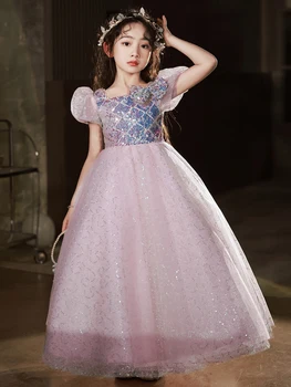 Детское Свадебное платье Принцессы с розовыми блестками для девочек, Роскошное длинное вечернее платье, Праздничный коктейль, платья для Выпускного вечера, Детские платья для официальных мероприятий