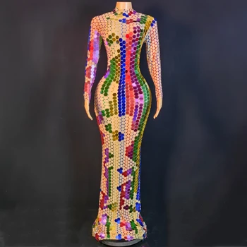 Высококачественное коктейльное платье с цветными шестиугольными пайетками, длинное элегантное вечернее платье, тонкая шестицветная модель, эластичная сетка c