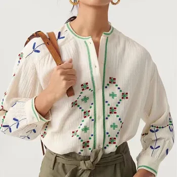 Женская блузка с вышивкой и круглым вырезом, винтажная рубашка