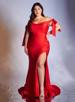 Большие размеры, Формальные вечерние платья Русалки с открытыми плечами, Красное платье для выпускного вечера с разрезом по бокам, простой шлейф, Длинное вечернее платье Большого Размера