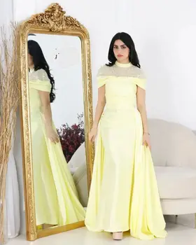 Светло-желтые атласные Длинные Платья для выпускного вечера, облегающие платье с высоким воротом и рукавами Длиной до пола, Женское Вечернее платье из Саудовской Аравии