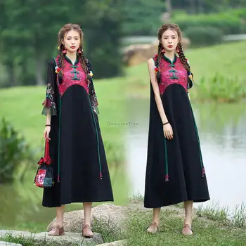 2023 женское летнее свободное платье с вышивкой в китайском ретро национальном стиле, винтажное платье-ципао в этническом стиле с воротником-стойкой, длинное повседневное платье s414