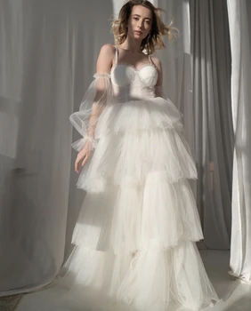 Свадебное платье трапециевидной формы с открытой спиной, Многоуровневая иллюзия, Тюль, рукав-фонарь, Длина до пола, Стреловидный шлейф, Элегантное платье невесты 2021