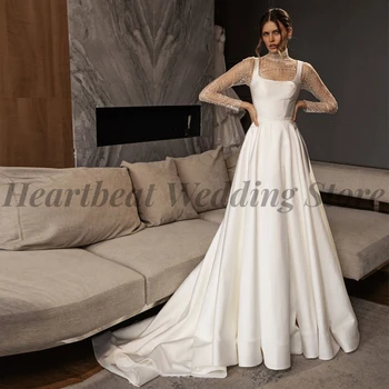 Модное женское свадебное платье с высоким воротом 2023 года, длинным рукавом, шнуровкой на пуговицах сзади и шлейфом, хрустальные блестки, трапециевидной формы