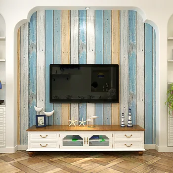 Обои для ТВ в средиземноморском стиле, стена для кино и телевидения в гостиной, имитация дерева, нетканый материал синего цвета