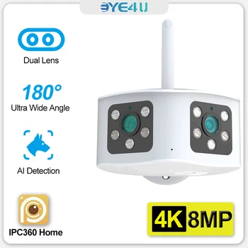 4K 8MP Двухобъективная Камера Безопасности Наружная 6MP HD WiFi Бинокулярная IP-камера Видеонаблюдения 180 ° Сверхширокоугольная AI Tracking P2P