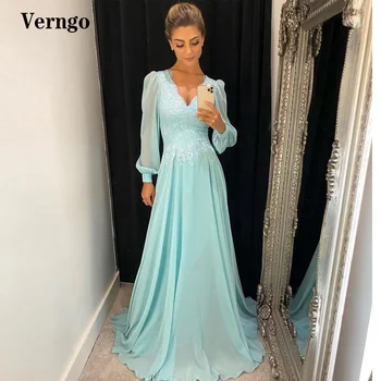 Verngo Светло-Небесно-Голубые Шифоновые Платья для Выпускного Вечера С длинными рукавами, Скромный V-образный вырез, Кружевная аппликация в арабском Стиле, Женское вечернее платье Большого Размера