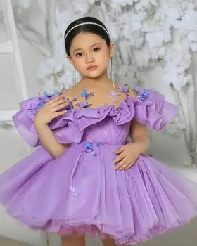 Фиолетовое бальное платье с цветочным узором для девочек, платья с аппликацией и оборками, детские платья для Вечеринки по случаю Дня Рождения, Очаровательные Короткие детские платья с прозрачным вырезом