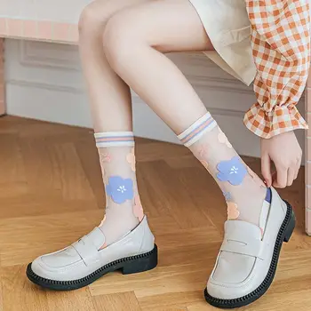 Ультратонкие шелковые носки с бантиком и кристаллами, Женские носки с цветочной решеткой в корейском стиле, Носки средней длины, Стеклянные Шелковые носки, Хлопчатобумажные чулочно-носочные изделия