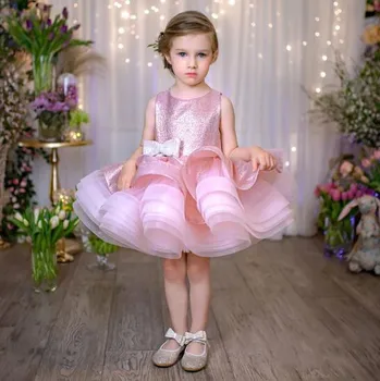 Розовое атласное платье для маленьких девочек с бантом и блестками, хлопковая подкладка, пышная юбка, платье в цветочек для девочек, платье-пачка для малышей, платье на день рождения
